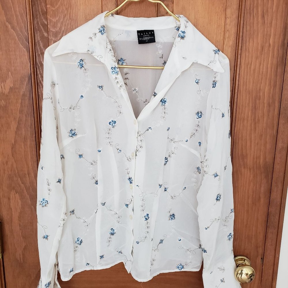 B Moss Semi Sheer Silk Chiffon Embroidered Blouse